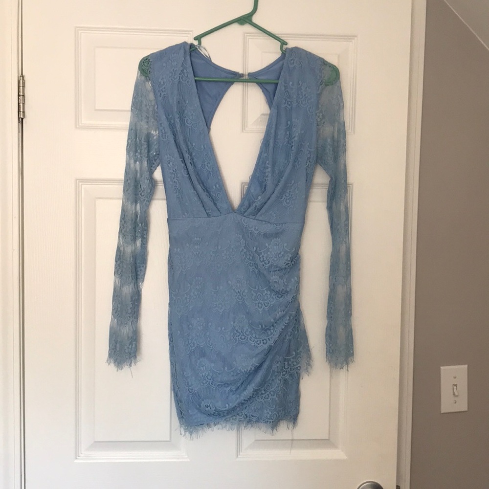 Periwinkle short lace open back mini dress